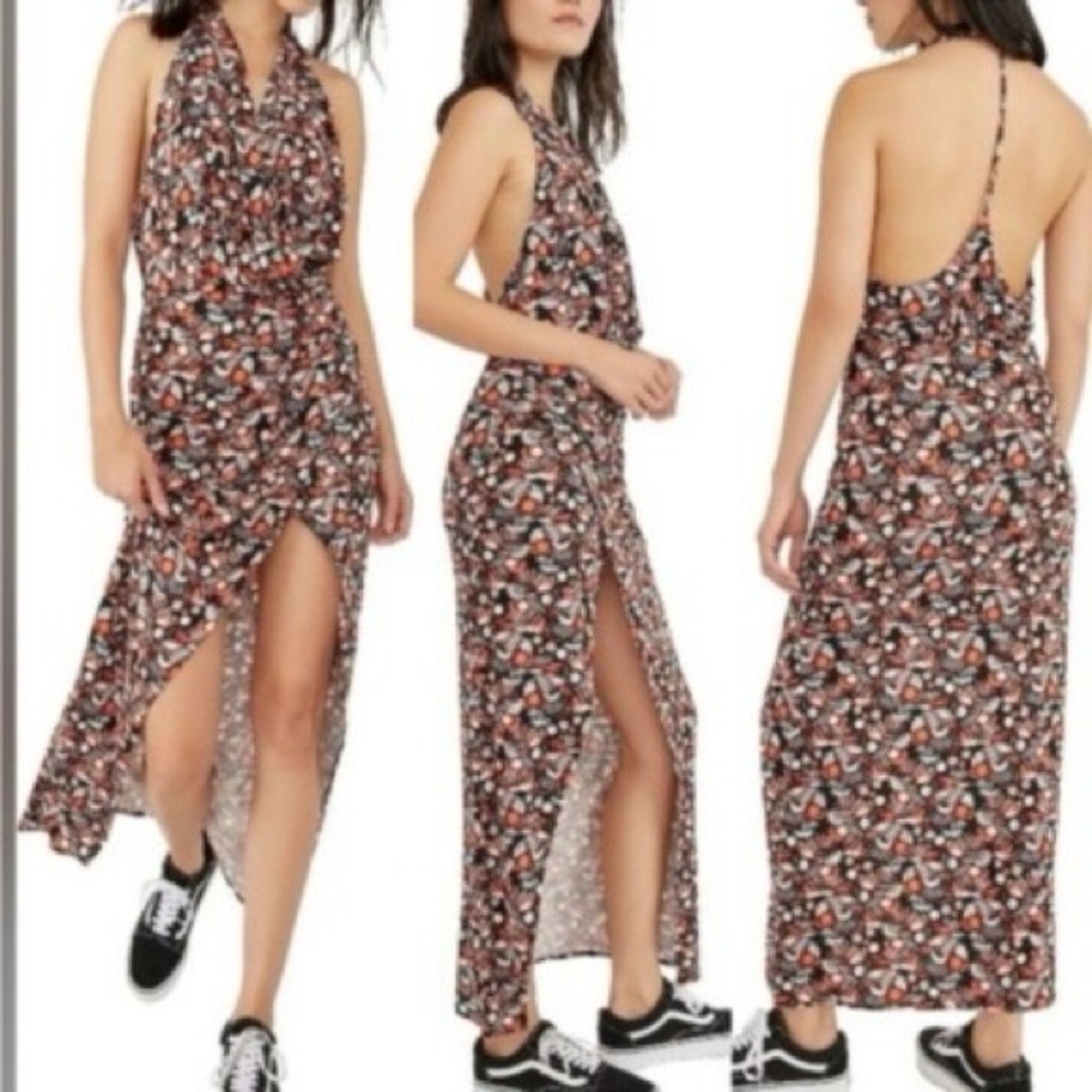 FREE PEOPLE Floral Backless Dress $68 SIZE EXTRA SMALL Ankle Length Brown Orange - Picture 2 of 12